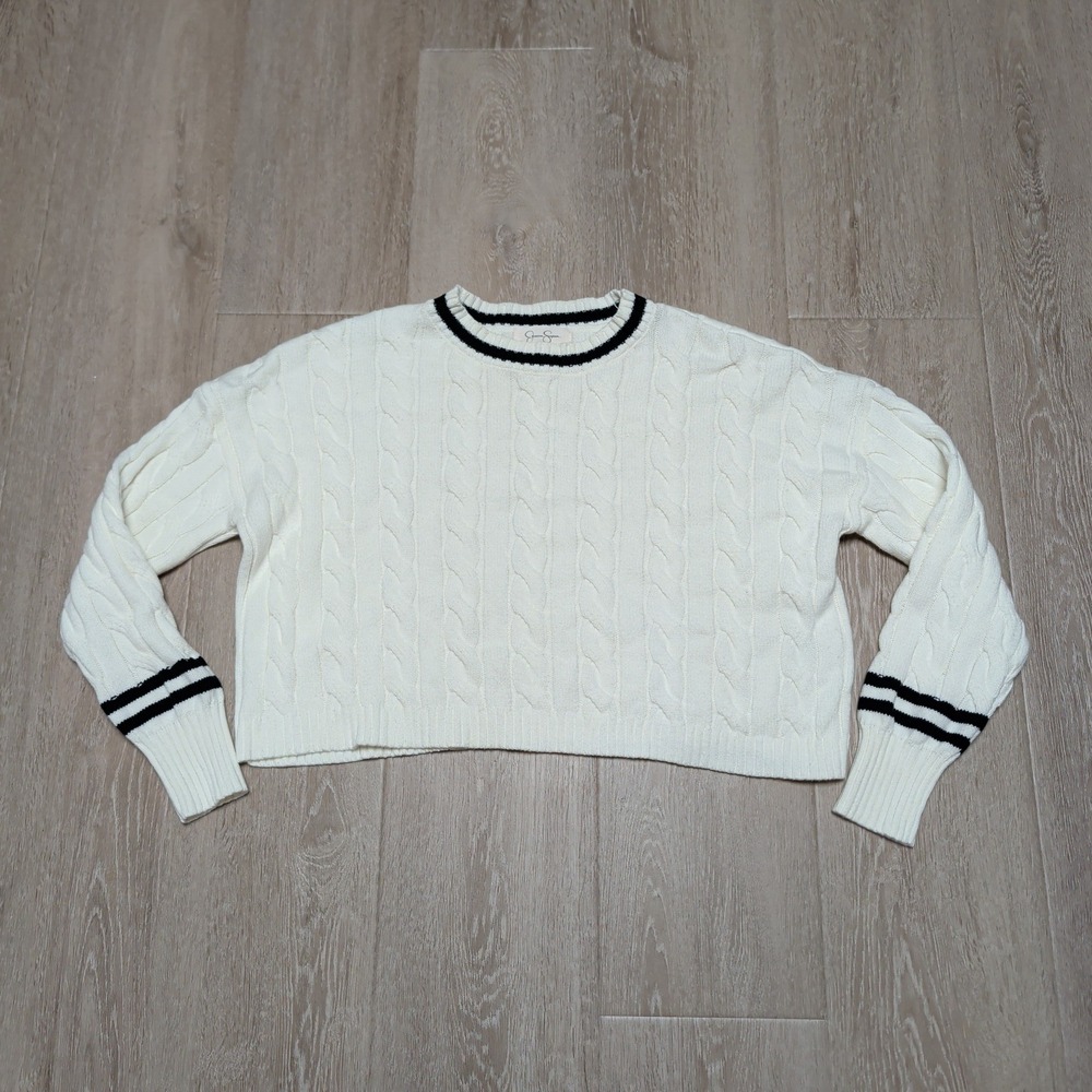 Jessica Simpson Womens S Cable Knit Cropped Sweater White Black Varsity Stripe S